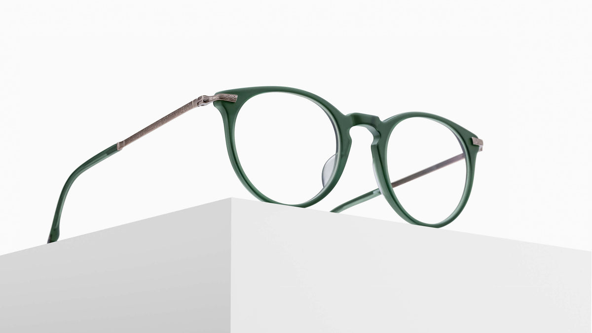 Matsuda M2076 Matte Bottle Green - Antique Silver acetate sunglasses pedestal view