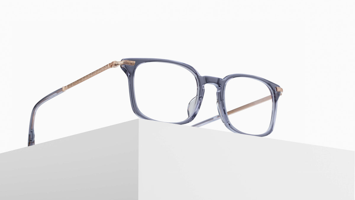 Matsuda M2076 Light Blue Crystal - Brushed Pale Gold acetate sunglasses pedestal view