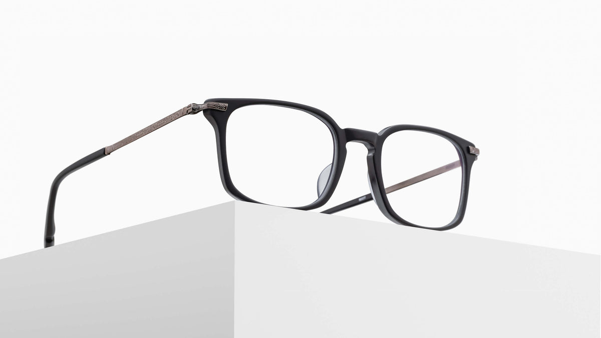 Matsuda M2076 Matte Black - Antique Silver acetate sunglasses pedestal view