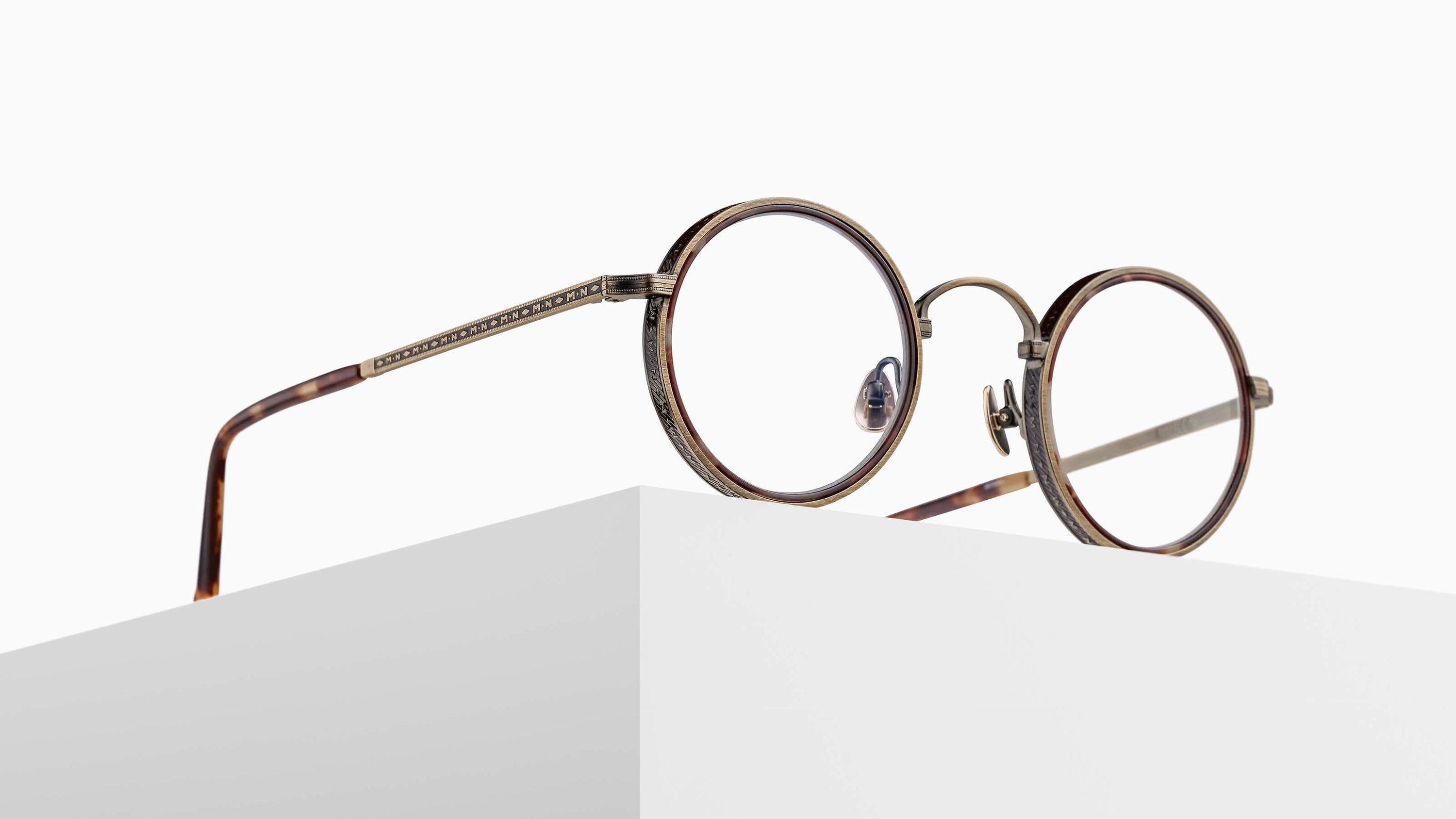 Matsuda M3100-I - Antique Gold - Dark Brown round metal sunglasses pedestal view