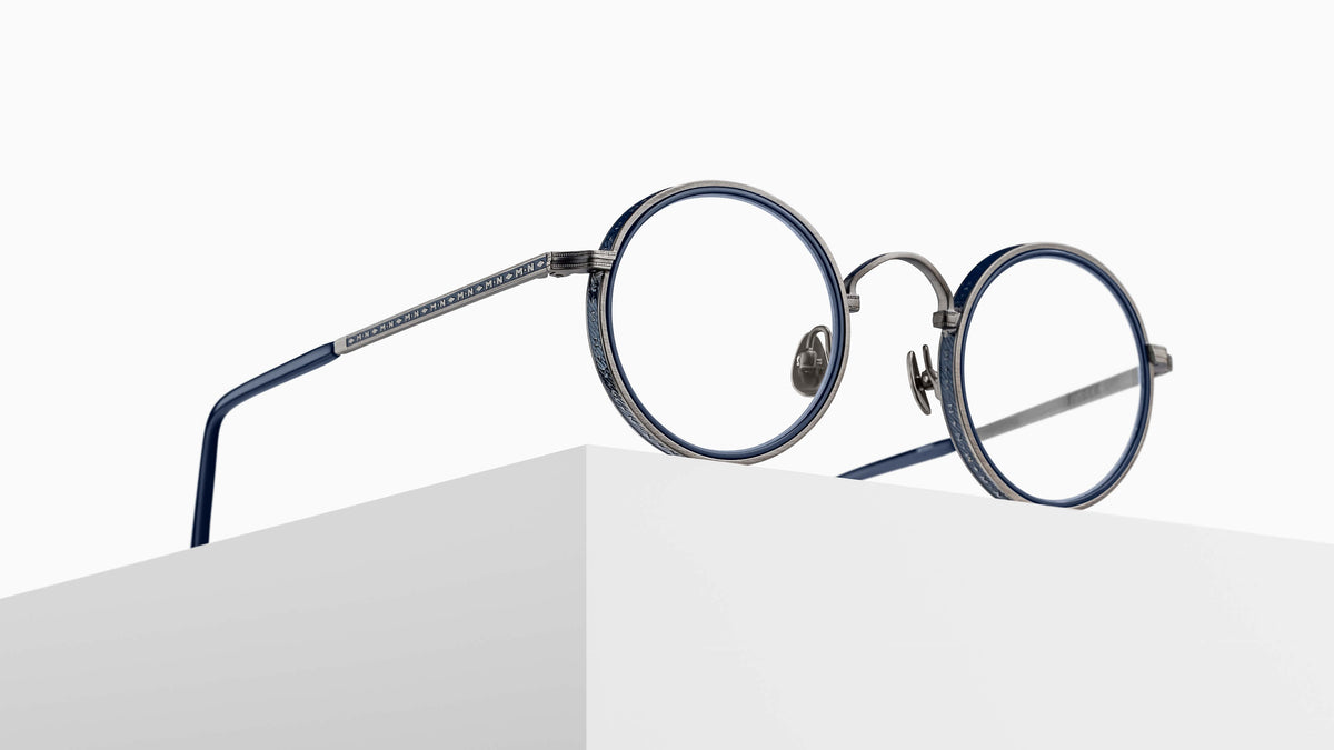 Matsuda M3100-I - Antique Silver - Navy round metal sunglasses pedestal view