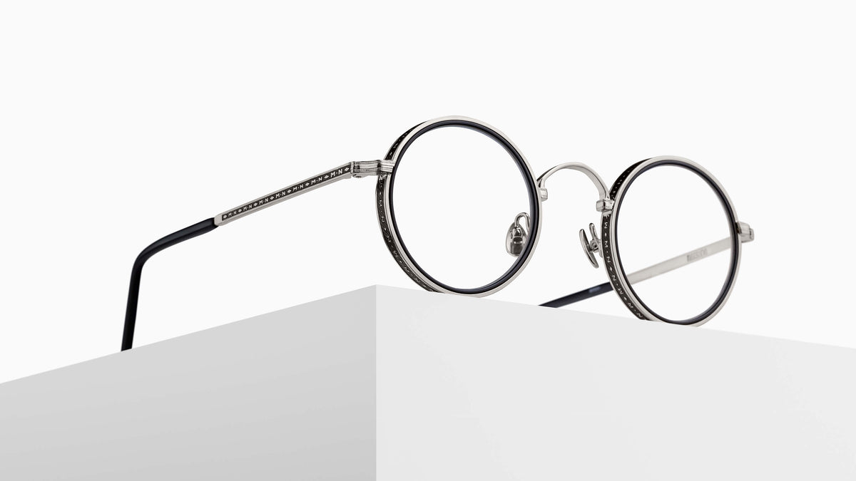 Matsuda M3100-I - Palladium White - Matte Black round metal sunglasses pedestal view