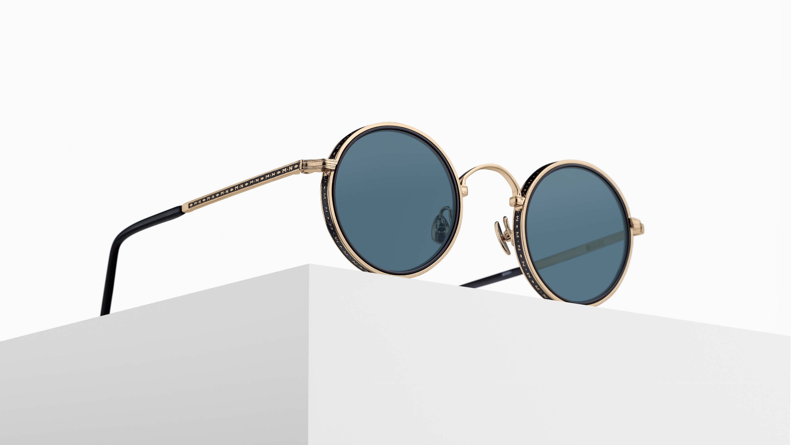 Matsuda M3100-I Brushed Gold round metal sunglasses pedestal view